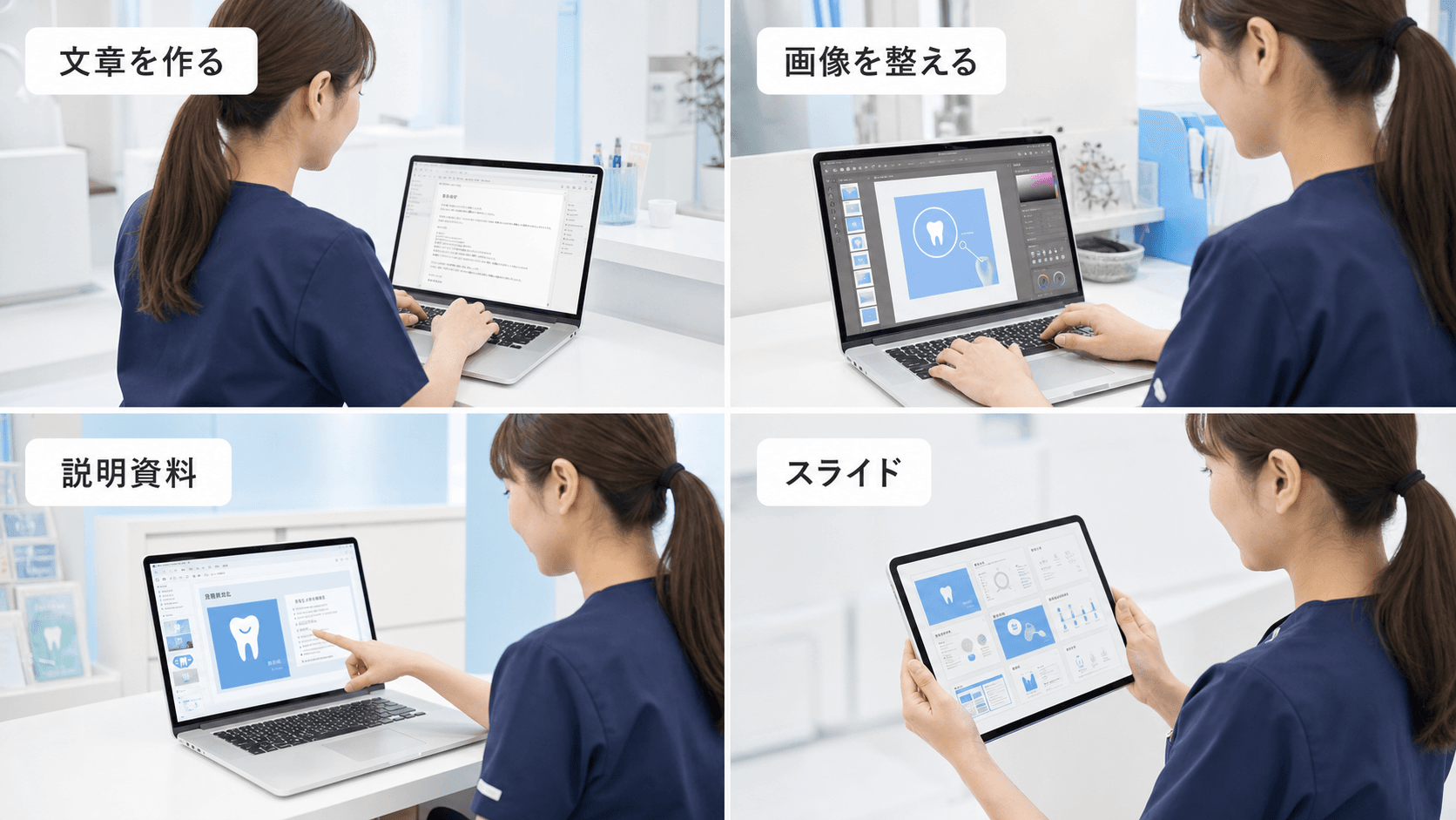歯科医院スタッフが文章・画像・患者説明資料・スライドを制作する4場面の研修イメージ