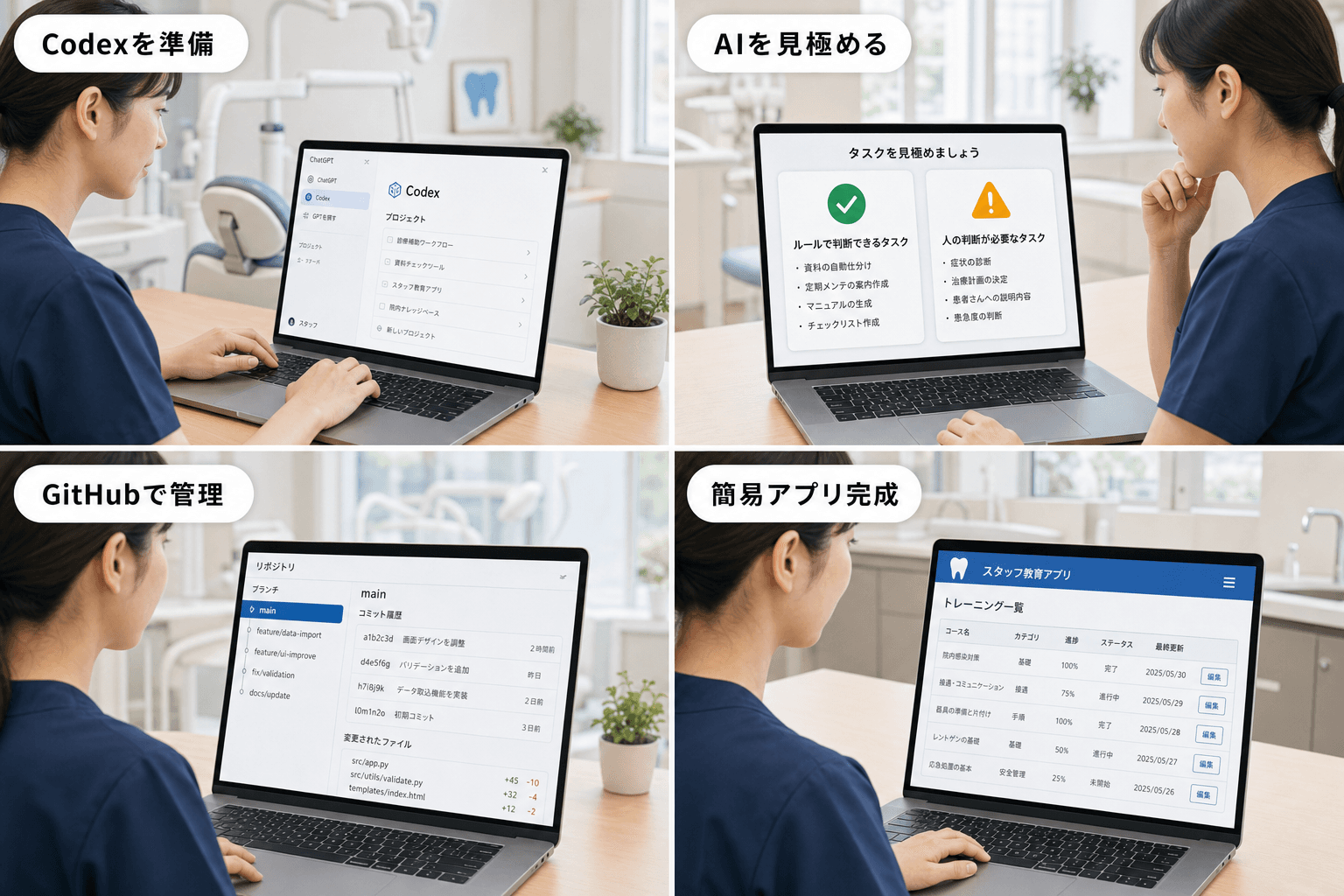 Codexの準備、AIの見極め、GitHubでの変更管理、研修用簡易アプリの完成を4場面で示したイメージ