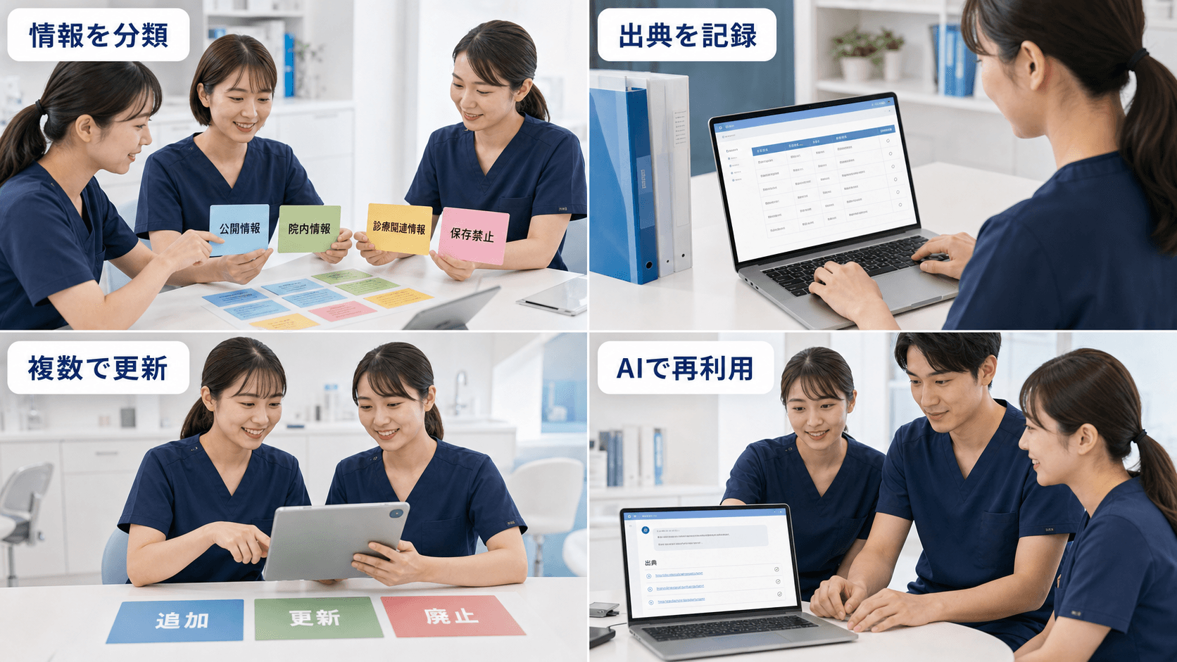 歯科医院スタッフが情報を分類し、出典を記録し、複数担当で更新してAIから再利用する4場面の研修イメージ