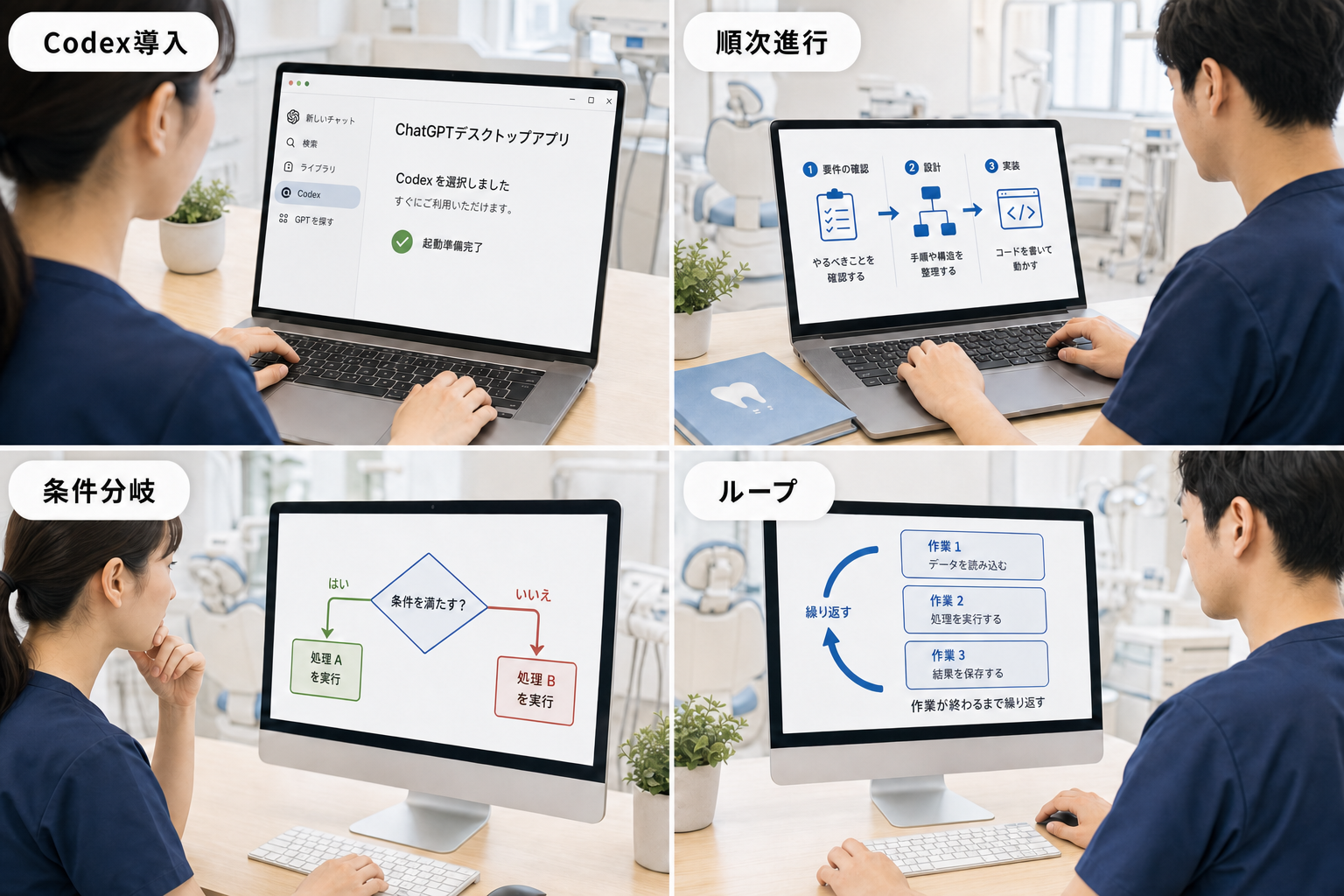 生成AIとアプリ開発の環境準備、できることの実践、Webサイト作成と改善を示した第1回研修イメージ