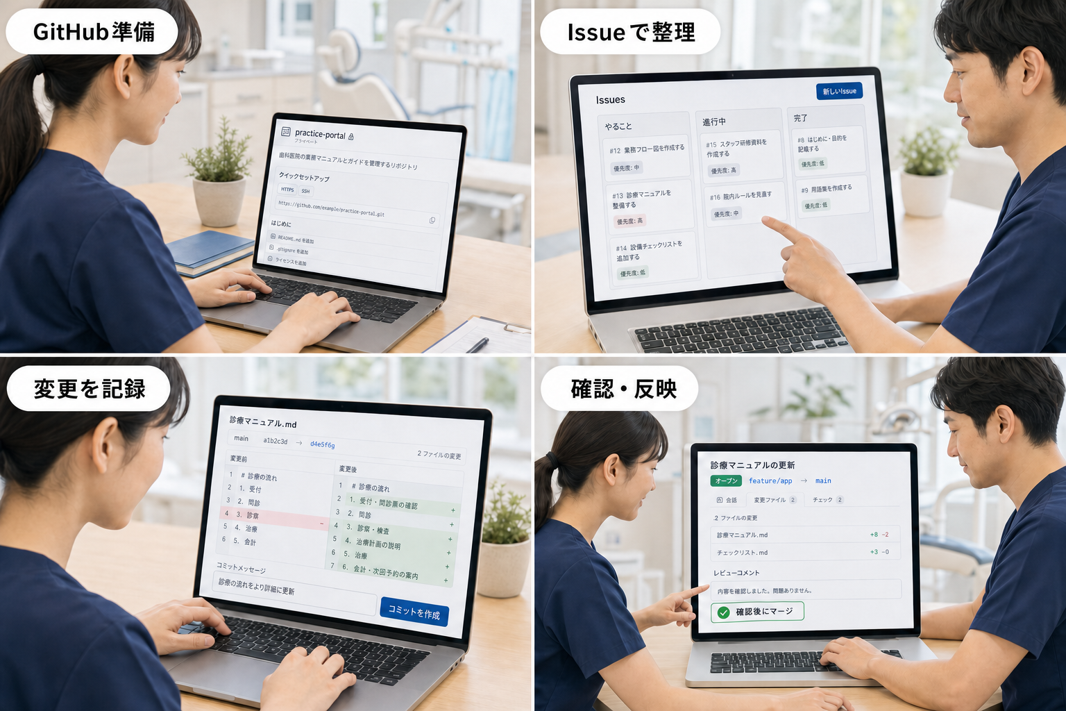 GitHub活用、アプリ開発、修正サイクル、テーマ選定を4つのパネルで示した第2回研修イメージ
